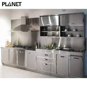 Stainless steel kitchen cabinet and metal kitchen sink base cabinet with gray glossy kitchen cabinet