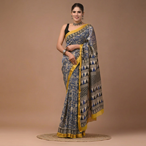 Sari en soie Maheshwari pure imprimé à la main avec pièce de blouse – Élégant soie Maheshwari pure – Vêtement ethnique imprimé à la main - Product Image 1