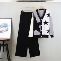 Ensemble de mode B4907 pour femmes, automne, peinture à l'encre, jacquard, haut en tricot ample à manches longues, pantalon large, ensemble deux pièces