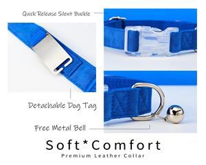 Collar de perro de cuero de gamuza Correa personalizada, collar de Gato Azul personalizado ajustable, etiqueta de nombre de metal grabado con campana gratis, único - Product Image 5