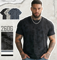T-shirt en coton tricoté épais 260 g/m² pour hommes, vierge, délavé à l'acide, effet vieilli, style streetwear, col rond, coupe classique, avec lettrage, vente en gros