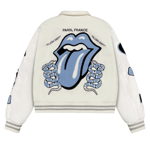 High Quality <b>White</b> Blue Chenille Applique Leather Sleeve <b>Jacket</b> Snake Lips Embroidery Vintage Streetwear Baseball <b>Jacket</b> for Men - Product Image 2