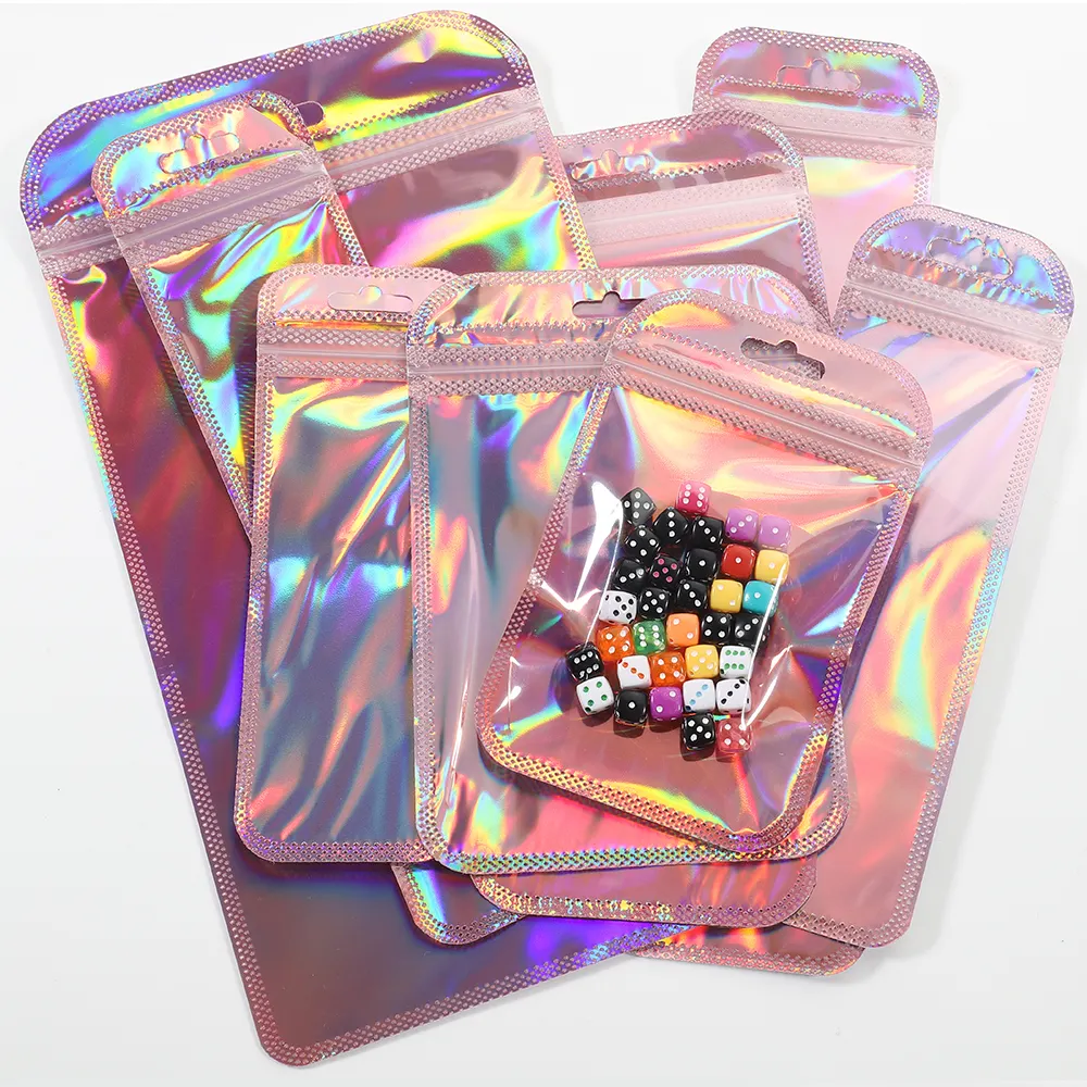 Custom Small Holographic Pink Smell Proof Sealing Plastic Bag Resealable Ziplock Pouches Jewelry Retail Packing Mylar Bags