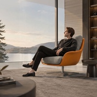 Fauteuil lounge pivotant en cuir avec accoudoirs en forme d'ailes |   Fauteuil pivotant à base croisée 4 étoiles en cuir orange et tweed gris