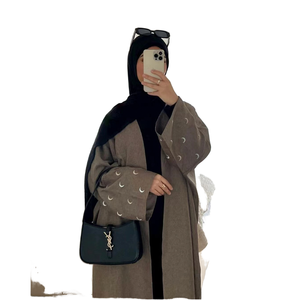 Abaya Yibaoli respirante à manches longues, 5 couleurs, style lin en polyester, ouverture devant, avec broderie en forme de lune, nouveauté 2025 - Product Image 1