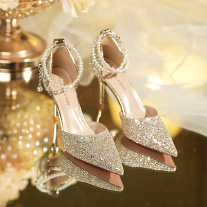 6692-15 Zapatos de Novia con Cristales Brillantes, Punta Puntiaguda, Tacón de Aguja, con Correa de Cadena de Perlas, Sandalias de Tacón Alto para Mujer - Product Image 3