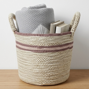 Cesta de almacenamiento de cuerda de algodón a rayas, organizador tejido a mano para habitación de bebé con asas para juguetes, pañales, ropa sucia - Product Image 3