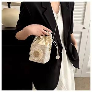 THK0518 Lady Small Square Chain Shoulder Bag Single Strap Winter Zip Closure Daisy Straw Woven Bucket <b>Handbag</b> <b>Summer</b> - Product Image 5