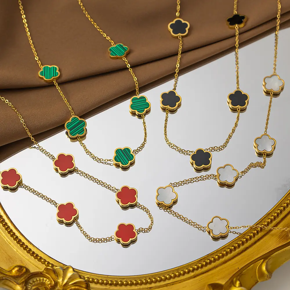 Цветочное ожерелье из нержавеющей стали с 18-каратным позолоченным роскошным дизайном, женское зеленое, красное, белое, черное ожерелье с подвеской в виде клевера