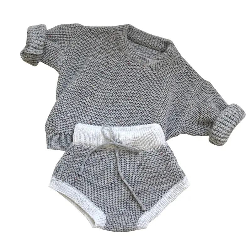 100% Cotton Knitted Baby Winter Wear Sprinkle Knit Sweater Pullovers Contrast Drawstring Shorts Set