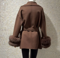 Manteau en laine double face marron avec manchette en fourrure de renard amovible, ceinture, manteau en laine chaud pour l'hiver, veste personnalisée pour femme