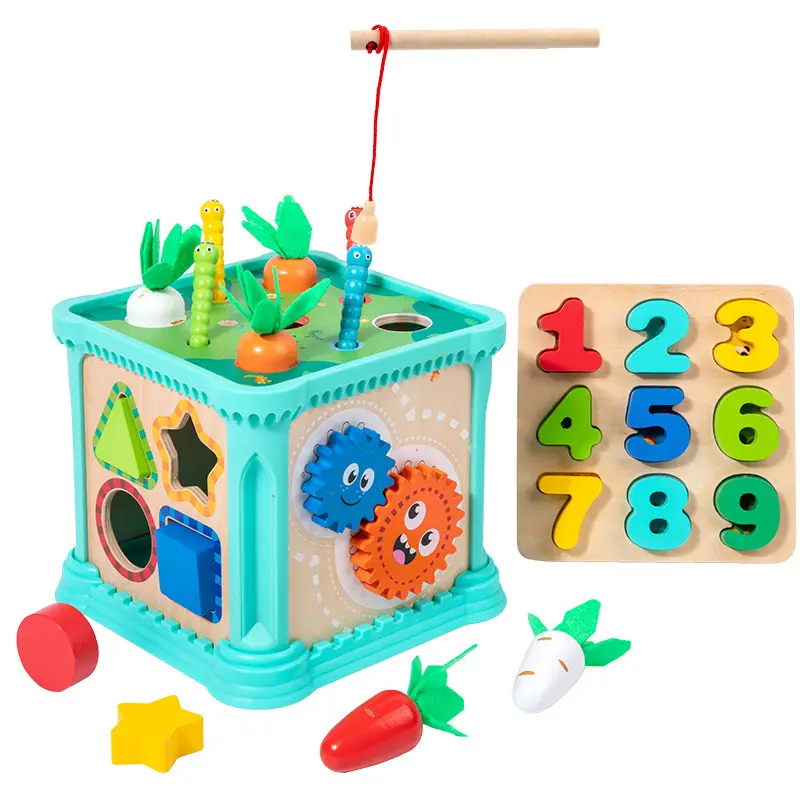 Komiki kotak harta karun multifungsi, mainan anak-anak intelijen pengembangan pendidikan dini kotak kayu kotak enam sisi