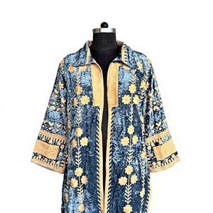 Royal Blue Velvet Embroidered <b>Long</b> Jacket with Floral Design Breathable <b>Summer</b> Autumn <b>Coat</b> - Product Image 1
