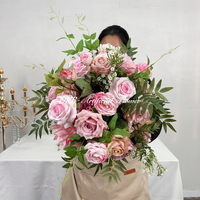 Décoration florale de mariage luxueuse et réaliste, faite à la main, en soie artificielle, rose et chrysanthème bordeaux-orange, couleurs d'automne, 60 cm