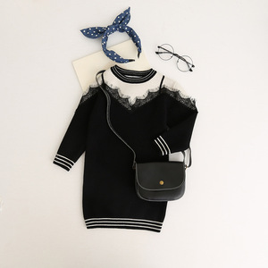 Nouveau pull pour fille, style coréen, couleur noire, longueur genou, avec dentelle - Product Image 2