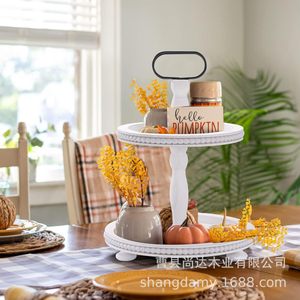 Bandeja rústica de madera con cuentas, soporte de frutas de dos niveles para mesa, soporte redondo de madera para postres y pasteles, decoración para mesa. - Product Image 3