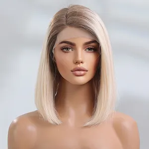 straight 14 inch short bob wigs brown Light 613 ombre raw hair wigs 100% human hair remy transparent lace front wig supplier