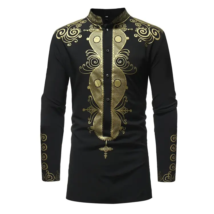 Распродажа на ebay, мужская хлопковая рубашка Дашики с Африканским принтом, длинным рукавом и воротником-стойкой