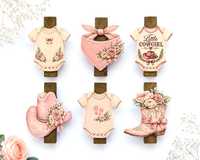 Pinces à linge pour baby shower Cowgirl, design western rose, mini pinces en bois, porte-photos pour décoration de table, cadeau de fête