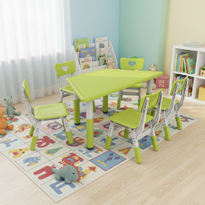 ชุดโต๊ะและเก้าอี้สำหรับเด็กนักเรียน เฟอร์นิเจอร์เด็ก โต๊ะทรงสี่เหลี่ยมคางหมูตามหลักสรีรศาสตร์ พร้อมเก้าอี้สำหรับวาดภาพ ศึกษา ฝึกงานฝีมือ และการเรียนรู้ - Product Image 1