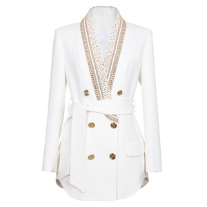 Blazer élégant pour femme, col en V, double boutonnage métallique, ceintures, couleur glicine unie, tissé, costume de bureau pour femmes d'affaires - Product Image 2