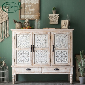 Mueble de Entrada de Madera Maciza, Estilo Americano Retro, Mueble de Almacenamiento para Sala de Estar, Tallado con Acabado Desgastado, Estilo Industrial Loft - Product Image 2