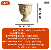 Urne en marbre sculptée à la main avec des figures de la mythologie grecque, style baroque, jardinière en pierre classique pour l'intérieur et l'extérieur des villas