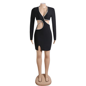 Meilleure qualité col en V Sexy évider robe de soirée nouvelle mode moulante <span class=keywords><strong>fantaisie</strong></span> femmes robes de soirée grandes tailles noires - Product Image 5