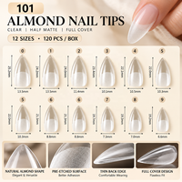 120 PCS Tip Kuku Pre-Etched Transparan Full Cover Bentuk Almond Coffin Square Setengah Matte Ekstensi Kuku Logo Custom Grosir