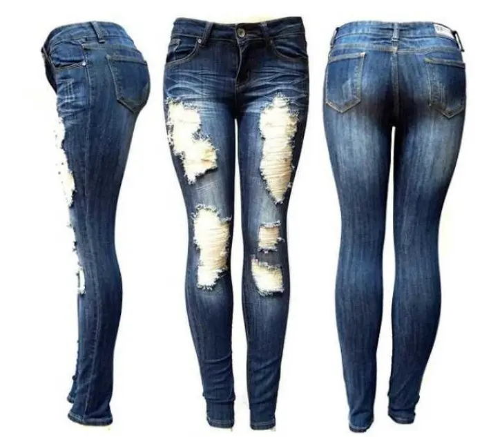 Yiwu envío rápido de las mujeres pantalones de moda de señora roto agujero Mediados de cintura Jeans