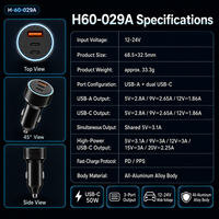 H60-029A pengisi daya mobil alumunium 45W 3 Port, adaptor pengisian daya Cepat PD/PPS & USB-A USB-C 2x dengan LED biru, 12-24v