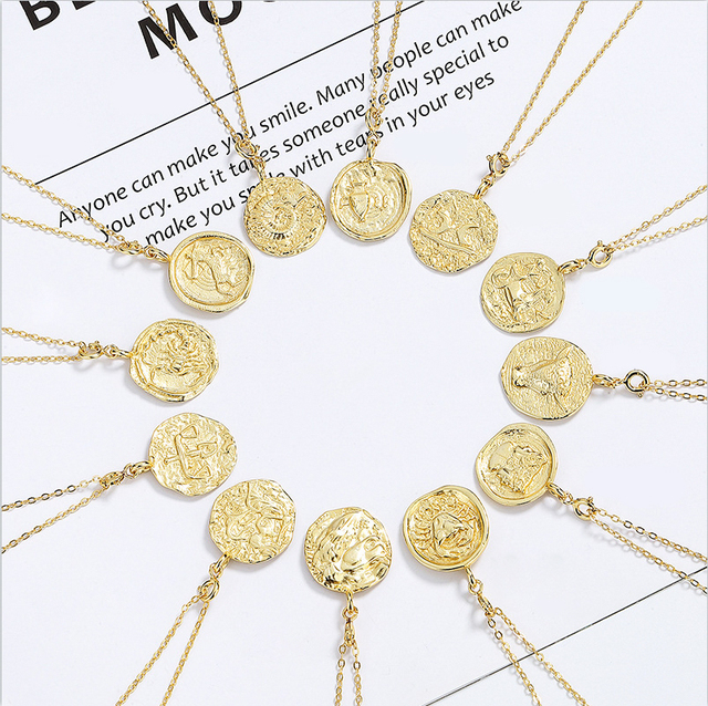 ACME Charming Medallion Zodiac Astrology Style Horoscope Pendant Necklace 925 Sterling Silver Gold Plated Jewelry Unisex
