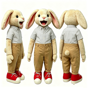 Marioneta de Conejo de Peluche con Camisa a Rayas y Zapatillas Rojas - Juguete Interactivo de Conejo Vestido para Niños - Product Image 4