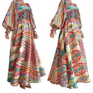 मध्य पूर्व दुबई मुस्लिम स्प्रिंग एब्सट्रैक्ट स्टाइल मुद्रित लंबी फैशन सुरुचिपूर्ण ढीली इस्लामी महिलाओं की बुलबुला आस्तीन लंबी पोशाक 7136
