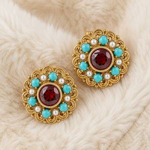 Boucles d'oreilles clous rondes vintage en laiton plaqué or avec pierres multiples, OEM/ODM, vente en gros personnalisée, bijoux rétro pour femmes - Product Image 2