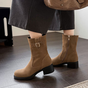 Bottes mi-<span class=keywords><strong>mollet</strong></span> vintage en daim de vache pour femme, collection automne-hiver 2026, avec boucle de ceinture tendance, bout rond, talons mi-hauts de 4,5 <span class=keywords><strong>cm</strong></span>, style western, tailles <span class=keywords><strong>42</strong></span> - Product Image 3