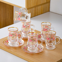 Ensemble de tasses à café en verre à bord doré de luxe léger, style rétro européen, service à thé de l'après-midi, 6 tasses et assiettes, cadeau haut de gamme
