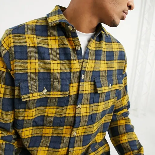 New Fashion Custom Brushed Flannel Overshirt Blue And Yellow Tartan Check Chest Pockets Flannel Shirt Men