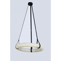 Lustre Suspendu Moderne en Laiton Antique avec Anneau en Tube d'Alabâtre Espagnol et Sangle en Cuir, Éclairage Intérieur pour Villa