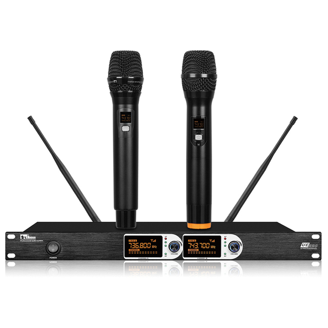 UHF Fixed Frequency Wireless Microphone 2 Channel High Sensitivity Digital Noise Suppression Professional Sound System