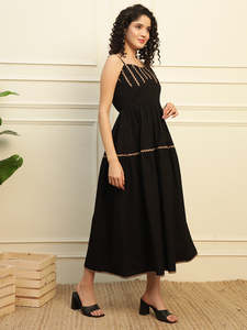 Robe en popeline de coton unie, style corset smocké, taille naturelle, col cœur, sans manches, coupe midi évasée, imprimé floral - Product Image 2