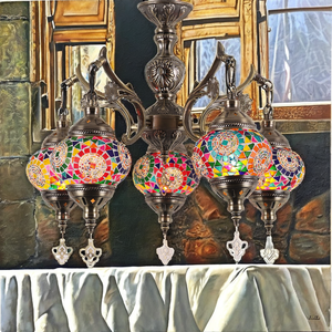 Lustre vintage en métal et verre mosaïque, 5 globes, style marocain bohème, lampes suspendues faites à la main, objets culturels colorés et de collection - Product Image 2