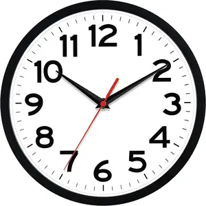 Relógio de parede de plástico, relógio de parede preto barato, mostrador branco, 10 polegadas, silencioso, moderno, clássico, redondo, relógios personalizados