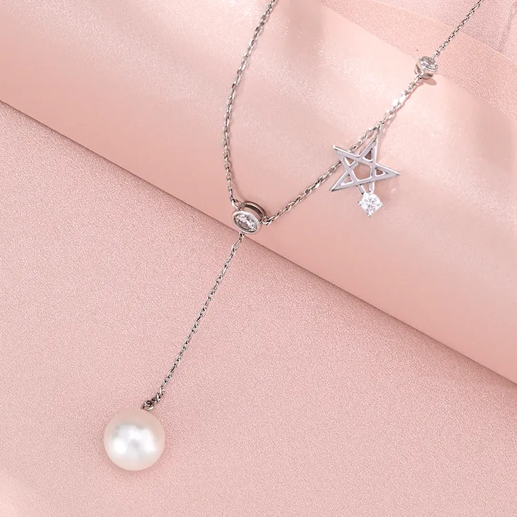 Silver Necklace Chain Classic Silver Jewelry Moon Star Charm Chain Women Shell Pearl Necklace Long Pearl Necklace