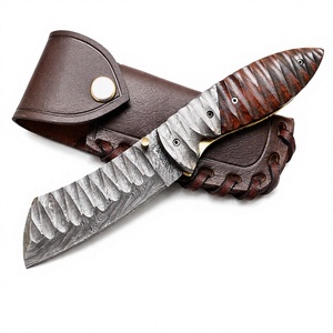 Cuchillo Plegable de Acero de Damasco y Obsidiana con Funda de Cuero Personalizada, Hoja de Punta Caída, Cuchillo de Caza - Product Image 4