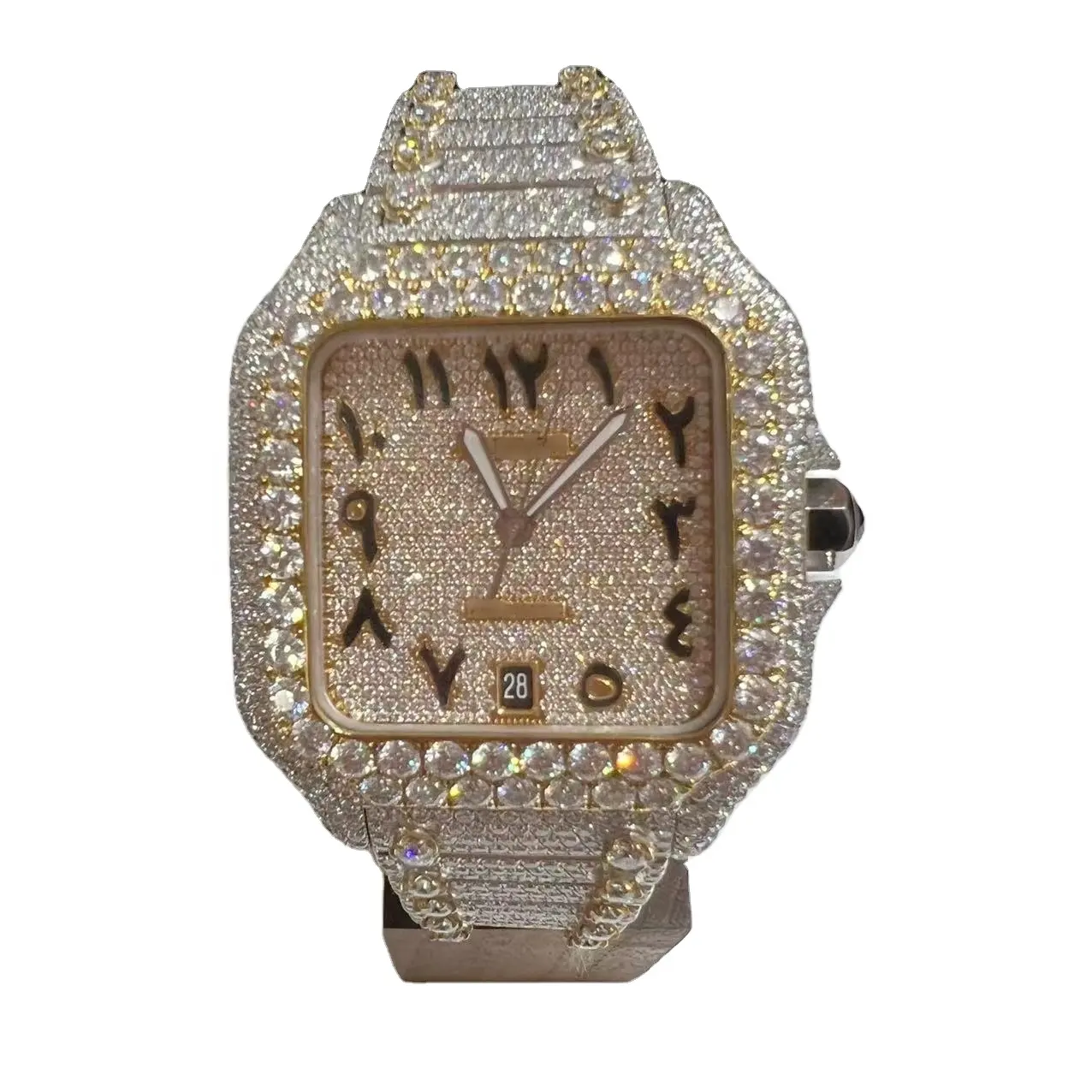 Top Brand Luxury Gold Stainless Steel Natural full with Diamonds Moissanite Diamond Square table High-end Watch Men Women