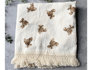 Personalized Print Neutral Gift Squares Cotton <b>Swaddle</b> Baby Muslin <b>Blanket</b> Wrap With Tassel - Product Image 5