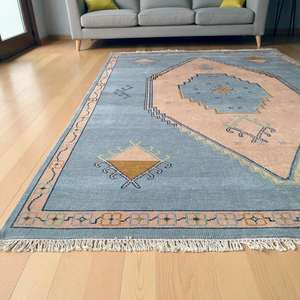 Alfombra de Lana Anudada a Mano en Azul Pastel, Hecha a Mano para Dormitorio, Sala de Estar, Comedor y Oficina - Product Image 3