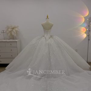 Lsjj156 Sparkly Ivory Satin Bateau Neck Ball Gown <b>Wedding</b> Dress Pearl Choker Beaded Waist Cathedral Train Jancember - Product Image 5