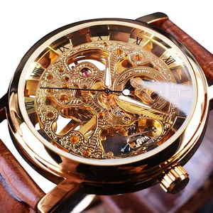 우승자 손목시계 남자 시계 럭셔리 투명 골든 케이스 캐주얼 디자인 갈색 가죽 남성 시계 기계식 해골 시계